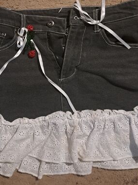 Gray Denim Mini Skirt with White Eyelet Ruffle